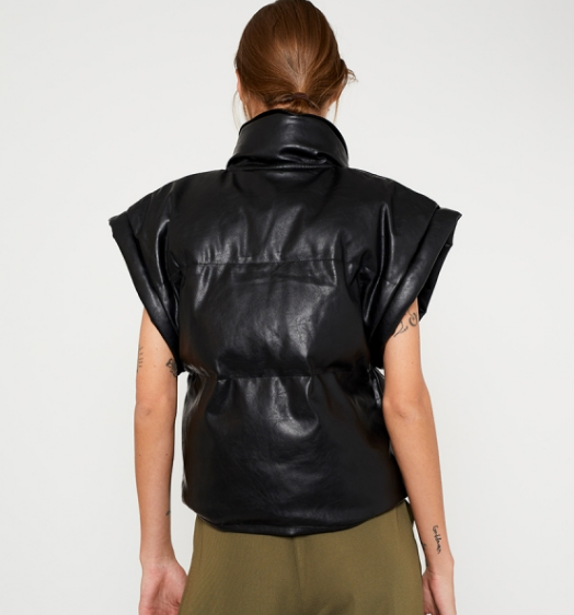 Faux Leather Puffer Gilet - Black