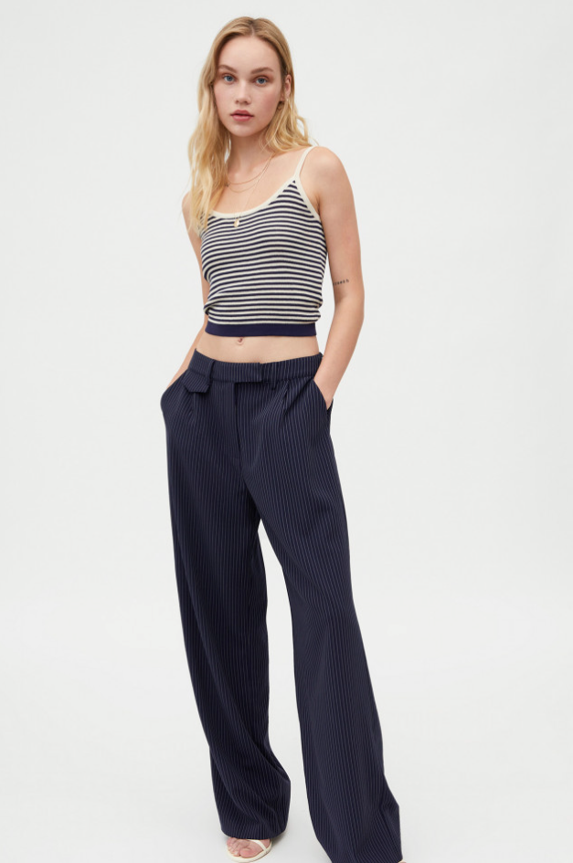 Strappy Top with Blue Stripe Print - Navy Blue/White