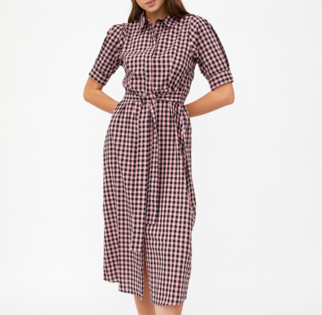 Gingham Print Midi Dress - Pink