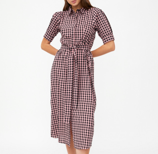 Gingham Print Midi Dress - Pink