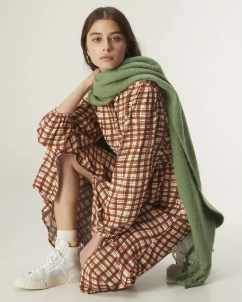 Gingham Print Midi Dress - Brown