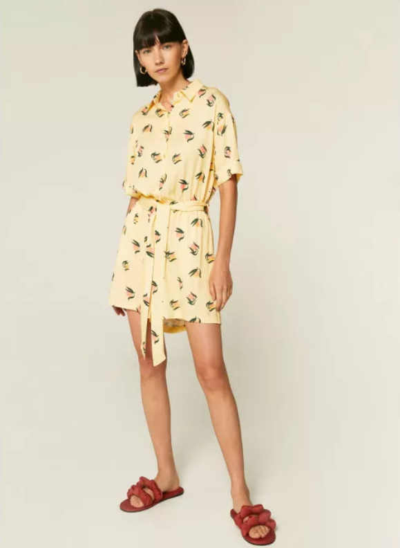 Shirt Playsuit with Belt - Peach Print