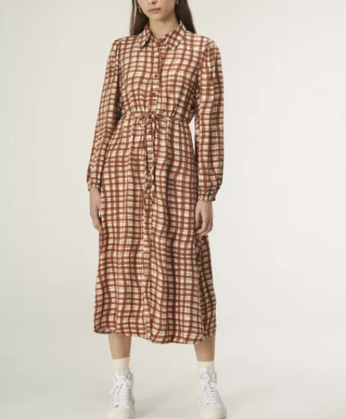 Gingham Print Midi Dress - Brown