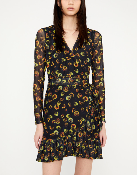 Sheer Mini Wrap Dress - Sheer Black Violets