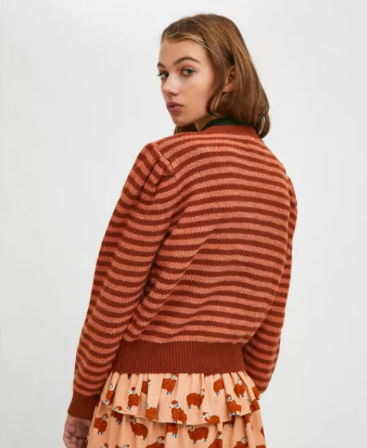 V-Neck Knit Cardigan - Brown Stripe