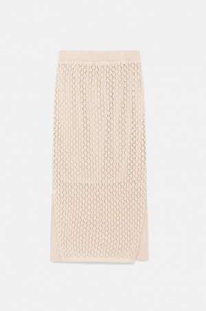 Open-Knit Midi Skirt with Slit - Beige