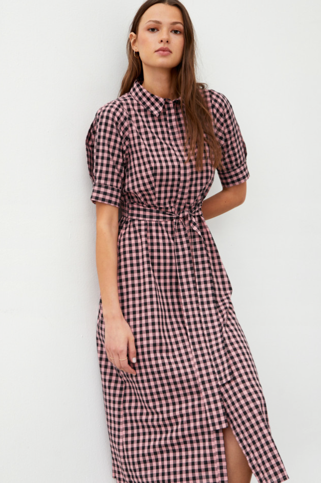 Gingham Print Midi Dress - Pink