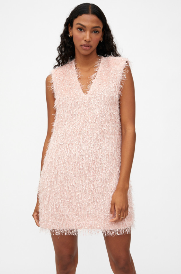 Mini Dress with Padded Shoulders and Pink Fringe Detail