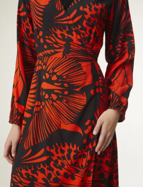 Butterfly Print Wrap Midi Dress - Red/Black