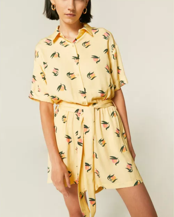 Shirt Playsuit with Belt - Peach Print