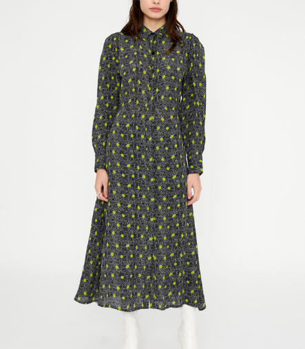 Crepe Midi Shirt Dress - Black Daisy Print