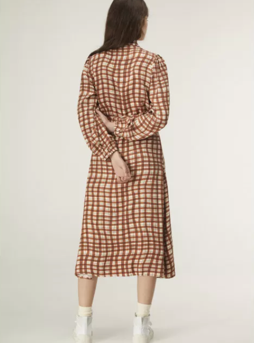 Gingham Print Midi Dress - Brown