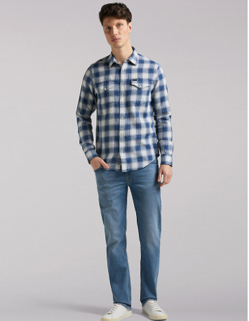 Regular Fit Western Shirt - Washed Blue Plaid