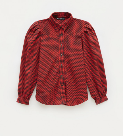 Puff Sleeve Blouse - Red Houndstooth