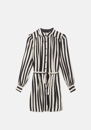 Striped Print Mini Shirt Dress - Black and White