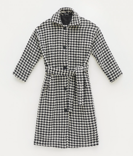 Long Button Down Coat - White Houndstooth