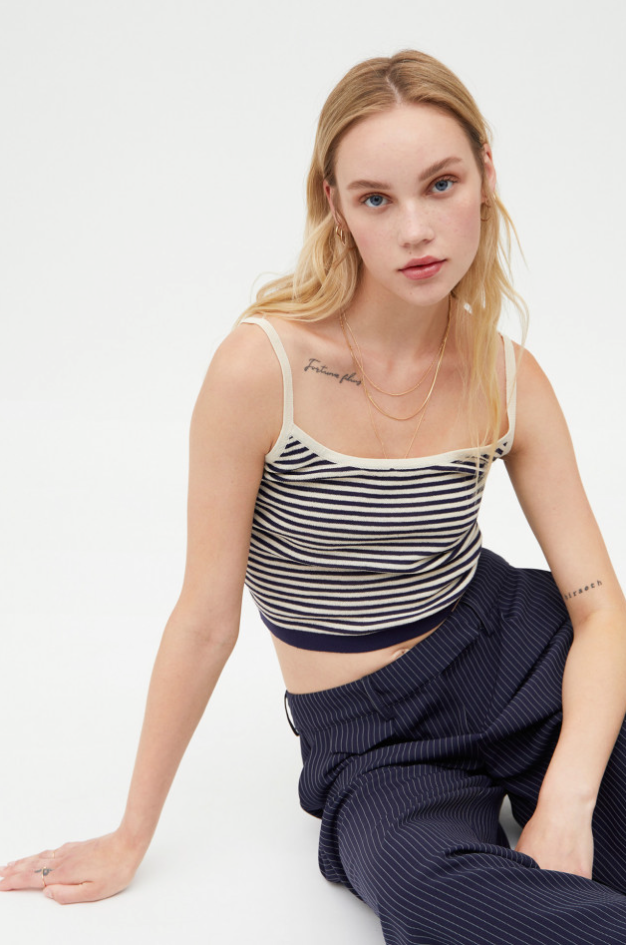 Strappy Top with Blue Stripe Print - Navy Blue/White