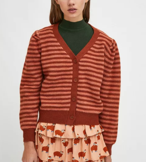 V-Neck Knit Cardigan - Brown Stripe