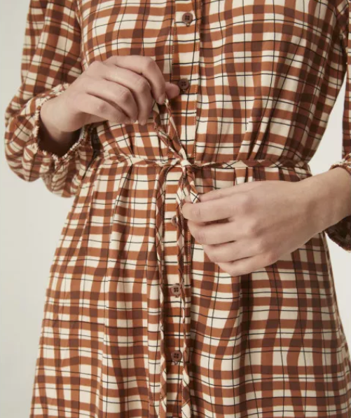 Gingham Print Midi Dress - Brown