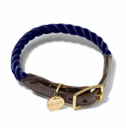 Rope and Leather Dog Collar - Navy