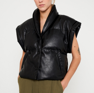 Faux Leather Puffer Gilet - Black