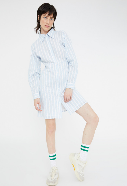 Cotton Mini Shirt Dress - Blue Striped