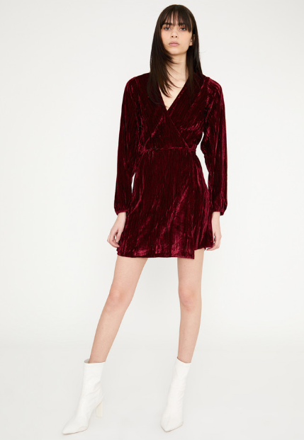 Velvet Mini Wrap Dress - Burgundy