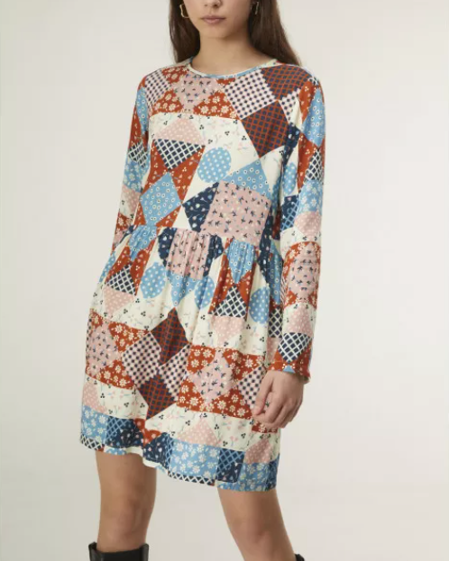 Patchwork Print Babydoll Dress - Blue/Red