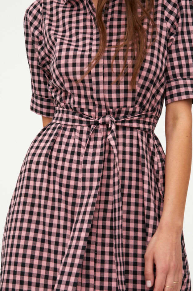 Gingham Print Midi Dress - Pink