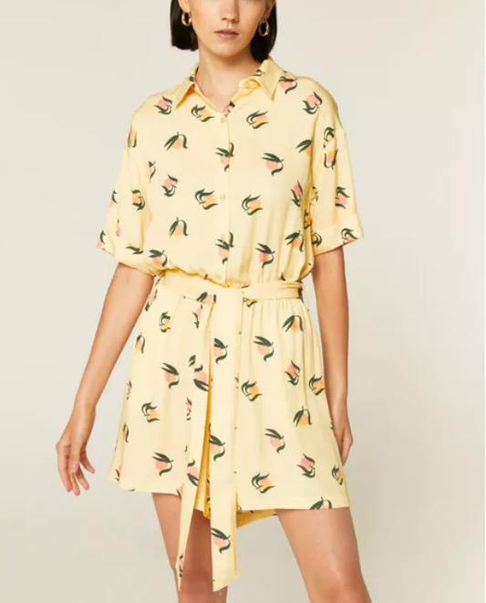 Shirt Playsuit with Belt - Peach Print