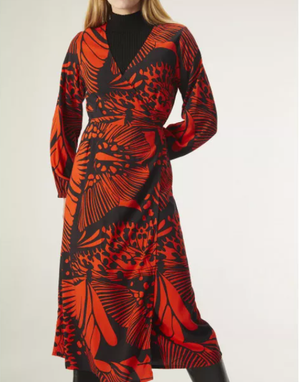 Butterfly Print Wrap Midi Dress - Red/Black
