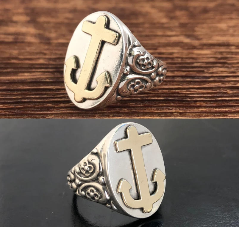 Ornate Anchor Ring - Silver & Brass