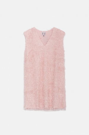 Mini Dress with Padded Shoulders and Pink Fringe Detail