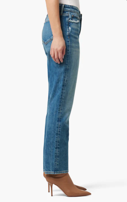 Side view of Lara Ankle Jean showing ankle length and dark-medium wash